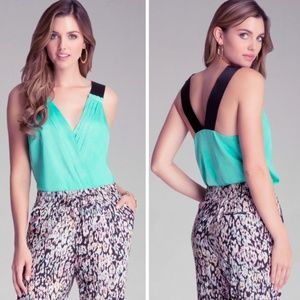 Bebe Sexy Mint Pleated Black Elastic Bodysuit Soft